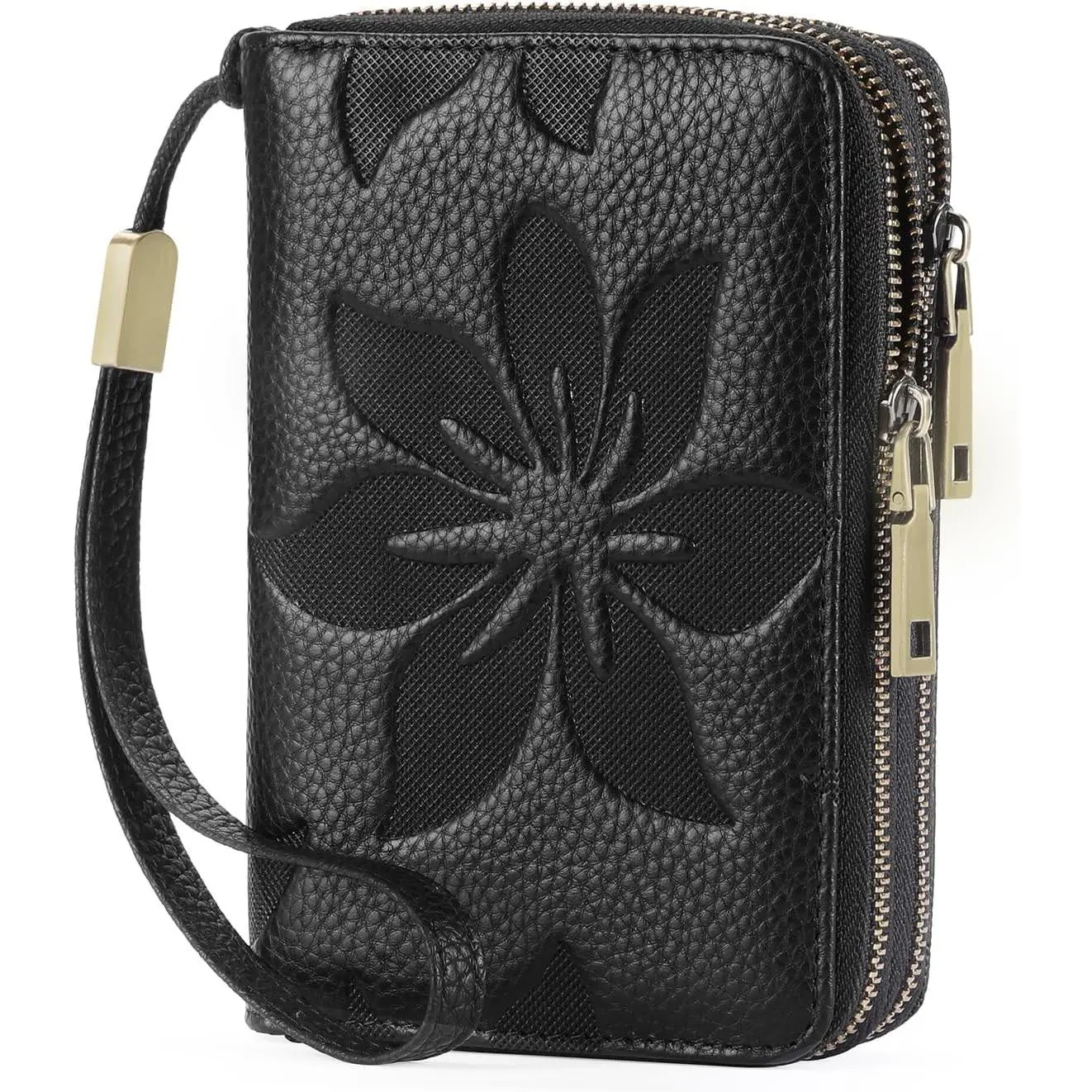 Women's RFID Blocking Double Zip Around Wallet Wristlet Purse, Credit Card Holder, Medium Leather, Black