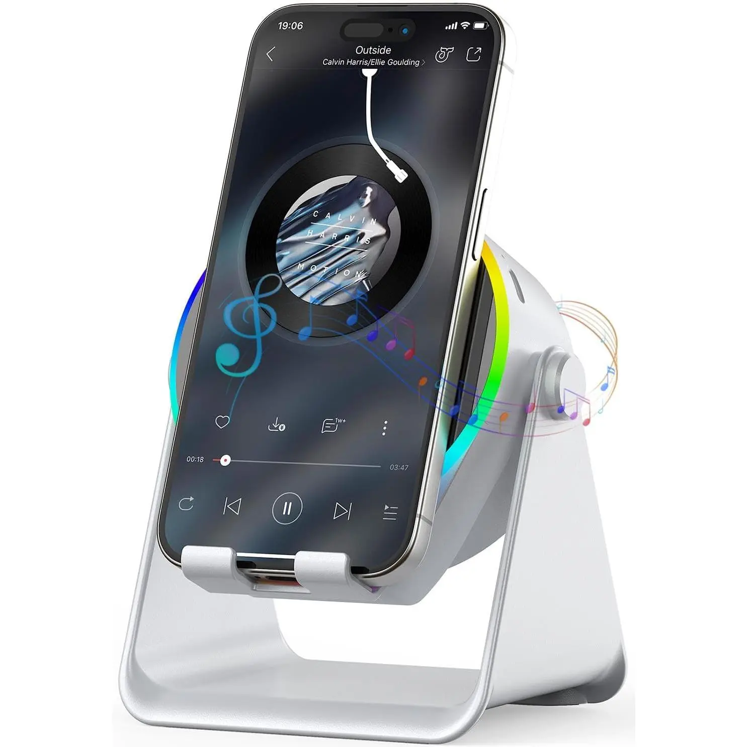 Wireless Induction Speaker, 4 in 1 Bluetooth Speaker Phone Stand with RGB Light, 360° Rotation Phone Holder Compatible with iPhone Android iPad Samsung Galaxy, Ideal Birthday Gift for Men Women