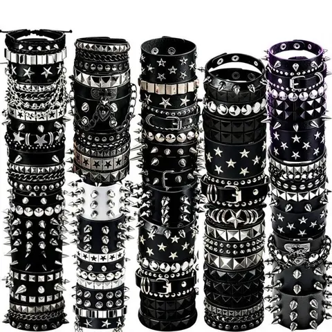 4/6/8/12/15Pcs Vintage PU Leather Bracelet Punk Bracelet Set for Women Men, Gothic Rivet Buckle Adjustable Cuff Black Wristband for Men Women, Perfect for Halloween Gift & Party Wear, Halloween Cosplay Rave Party Costume Jewelry,sohochic