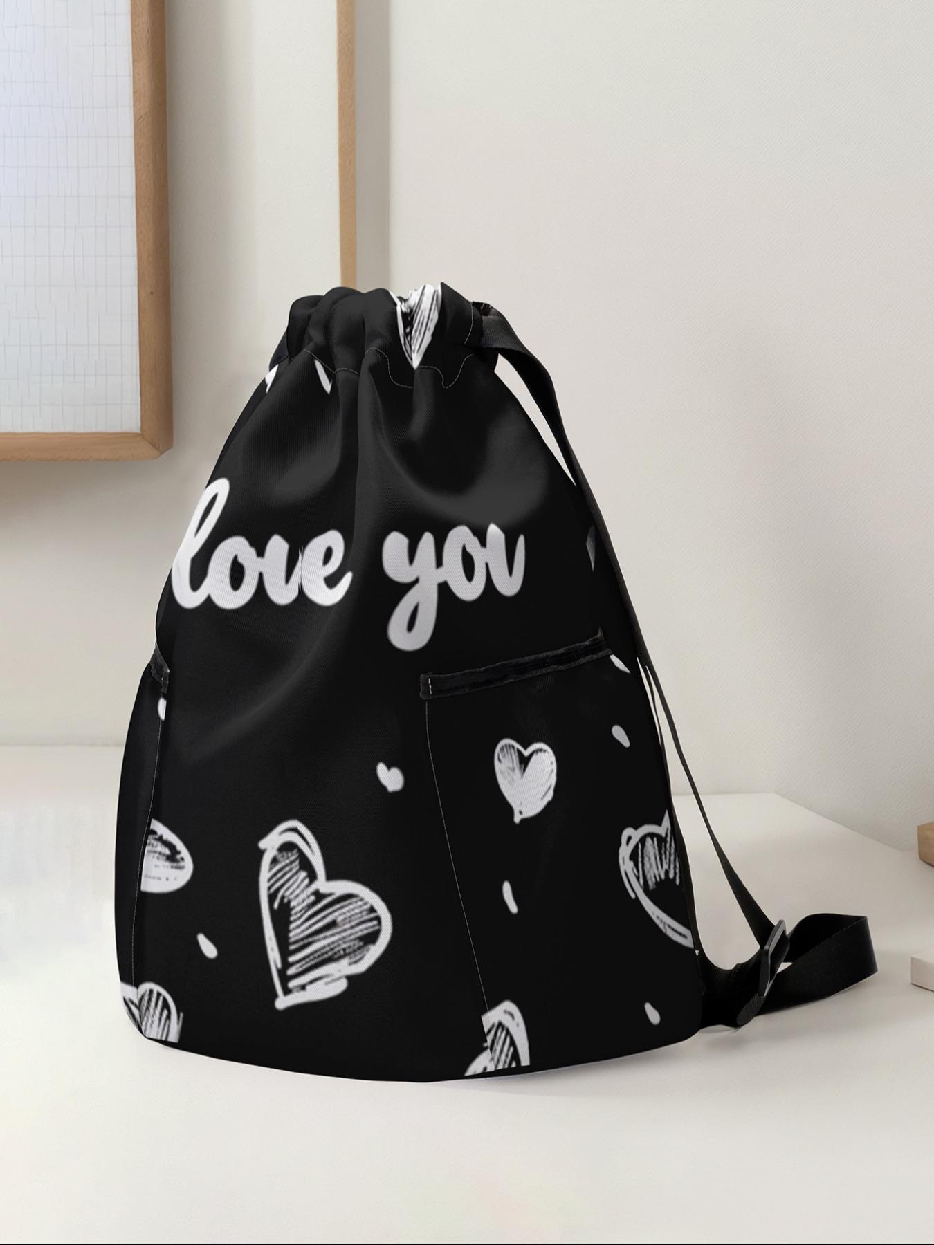 Heart Pattern Drawstring Backpack, Large Capacity Durable Gym Bag, Adjustable Shoulder Straps, Casual Travel Hiking Camping Bag, Workout Sport Bags, Sport Yoga Bag