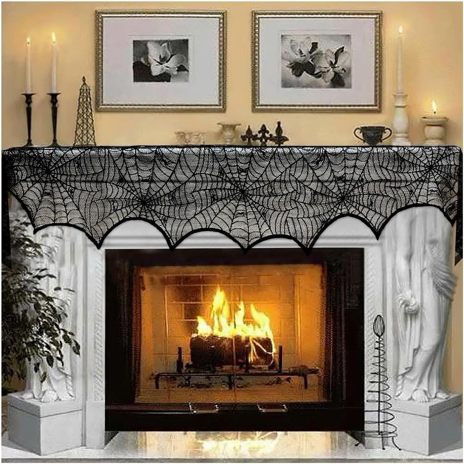 Halloween Decoration Black Lace Spiderweb Fireplace Mantle Scarf Cover Festive Supplies 45 X 243cm 18 x 96 inch
