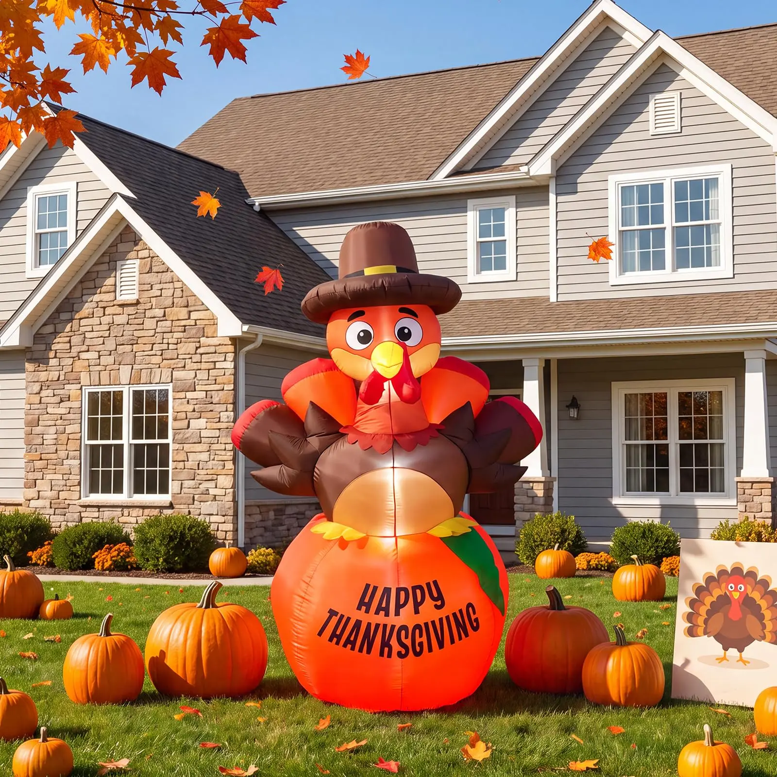 6FT Thanksgiving Inflatable Turkey with Pumpkin, Lighted Blow Up Yard Decor, Built-in LEDs, Blower, Stakes & Ropes, Indoor Outdoor Fall Harvest Lawn Decor