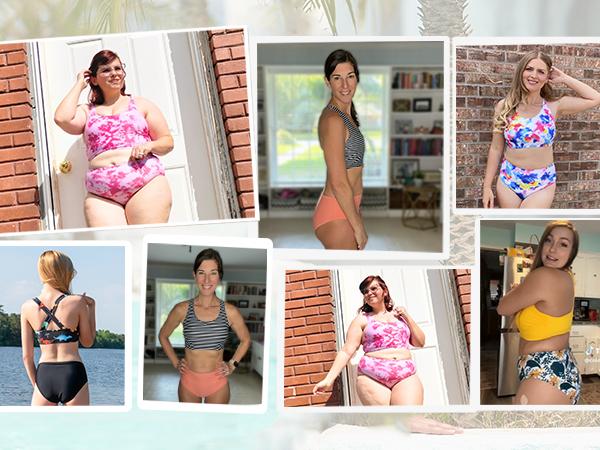 Holipick Women High Waisted Two Piece Bikini Sports Crop Top Swimsuit Scoop Neck Bathing Suit for Teen Girls with Bottom