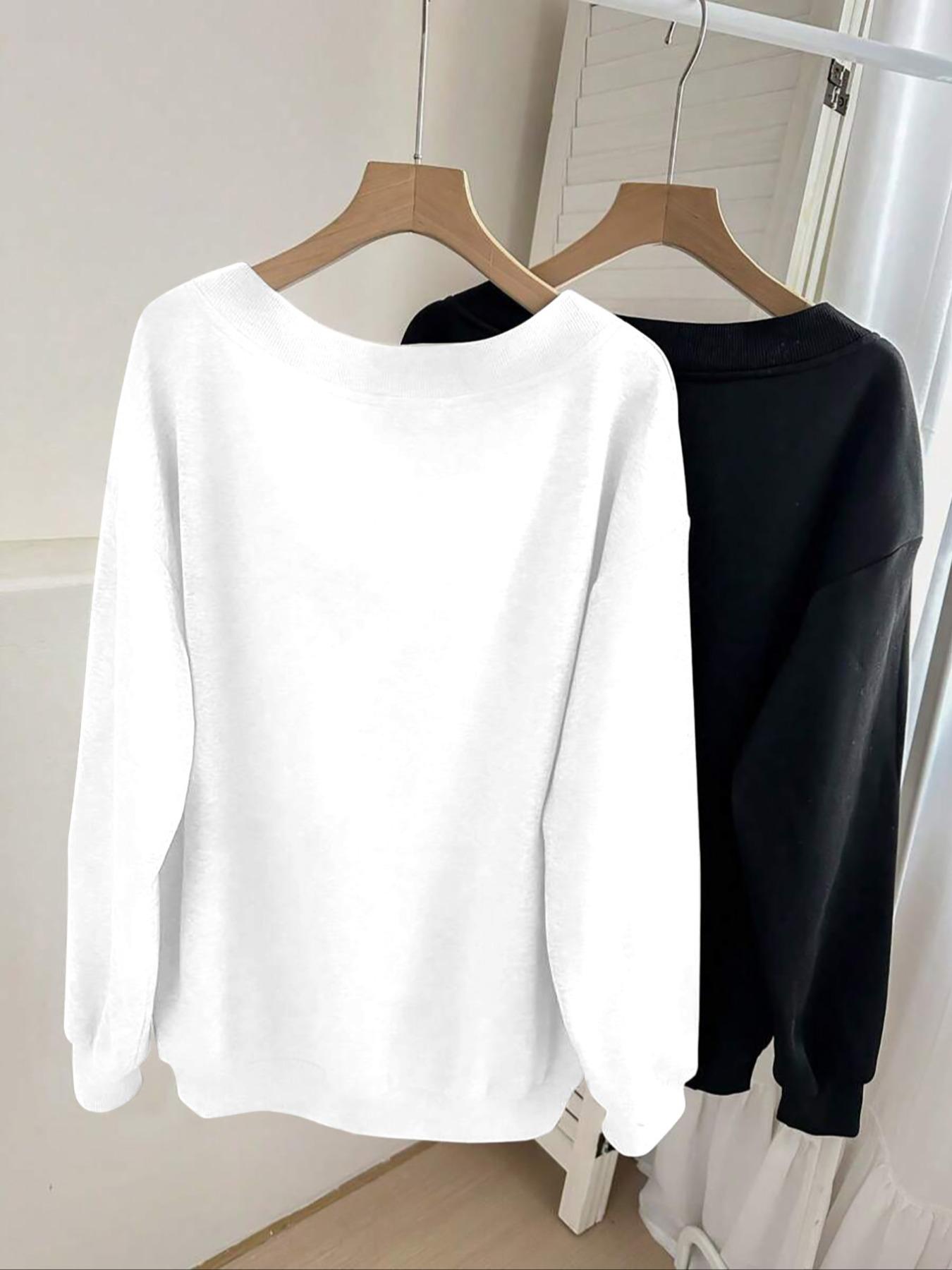Casual Women's Long Sleeve V Neck Sweatshirt with Fun Letter Print, Elegant Ribbed Hem Fashion for All Seasons, Perfect for Fall and Winter, Lady Womenswear