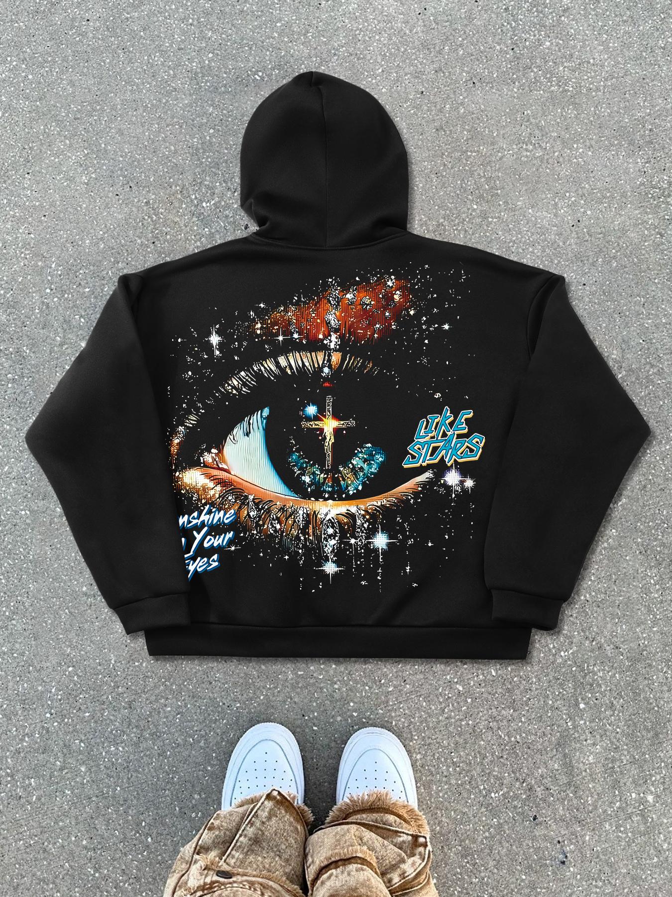 Autumn Winter Hooded Cardigan Sweatshirts Trendy Graphic Eye Letter Print Streetwear Street Style Fitted Knitwear, Thick Fabric, Perfect for Fall & Winter Seasons