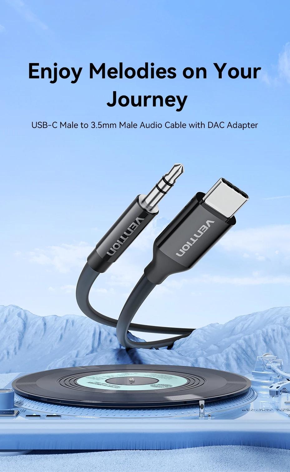 Vention USB-C Male to 3.5mm Male Jack Headphone Adapter Audio Cable with DAC Adapter Aux Audio All Earphone HiFi Splitter Cable 1m 1.5m
