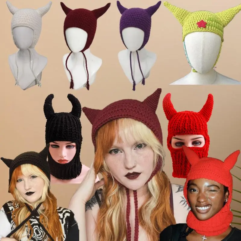 Handmade Crochet Devil Horns Balaclava Bonnet Hat Cute Cat Ear Knitted Beanie with Ties Y2K Grunge Fairycore Winter Warm Ski Mask Women Girls Multi Colors