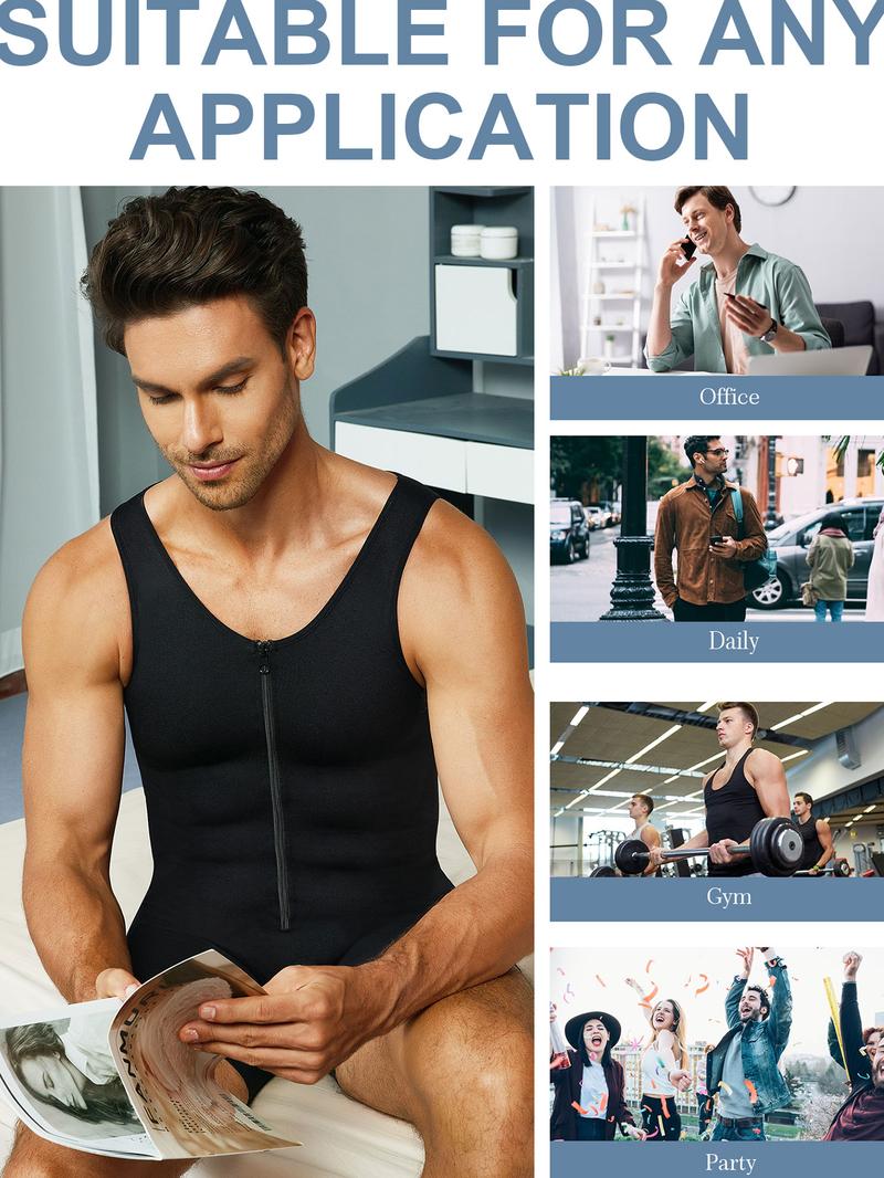 Men's Solid Zipper Bodysuit, Adjustable Zipper Shapewear, High Stretch Tummy Control Shapewear for Men, Compression Shirts Full Body Shapewear for Men