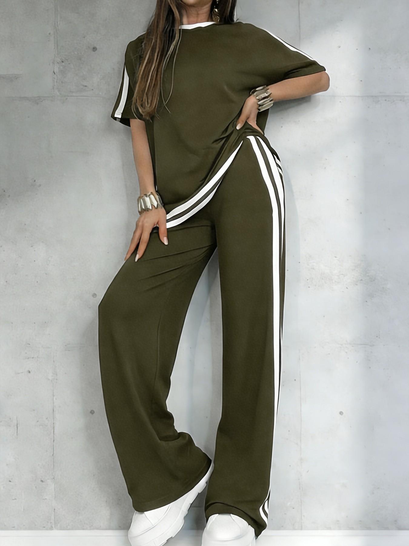 Women's Casual Athleisure Sportswear Set, Solid Color Round-Neck Short-Sleeve Split-Hem Top and Striped Long Pants, Spring/Summer Two-Piece Set Women's Casual Athleisure Sportswear Set, Solid Color Round-Neck Short-Sleeve Split-Hem Top and Striped Long Pants, Spring/Summer Two-Piece Set