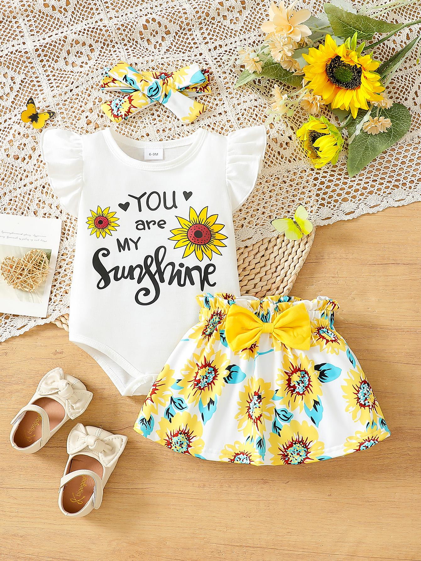 Baby girl summer white ruffled sleeve jumpsuit, "YOU are MY Sunshine" with sunflower print, paired with a short skirt and headband with the same print, baby clothes Cute Outfit - TikTok Shop Baby girl summer white ruffled sleeve jumpsuit, "YOU are MY Sunshine" with sunflower print, paired with a short skirt and headband with the same print, baby clothes Cute Outfit - TikTok Shop