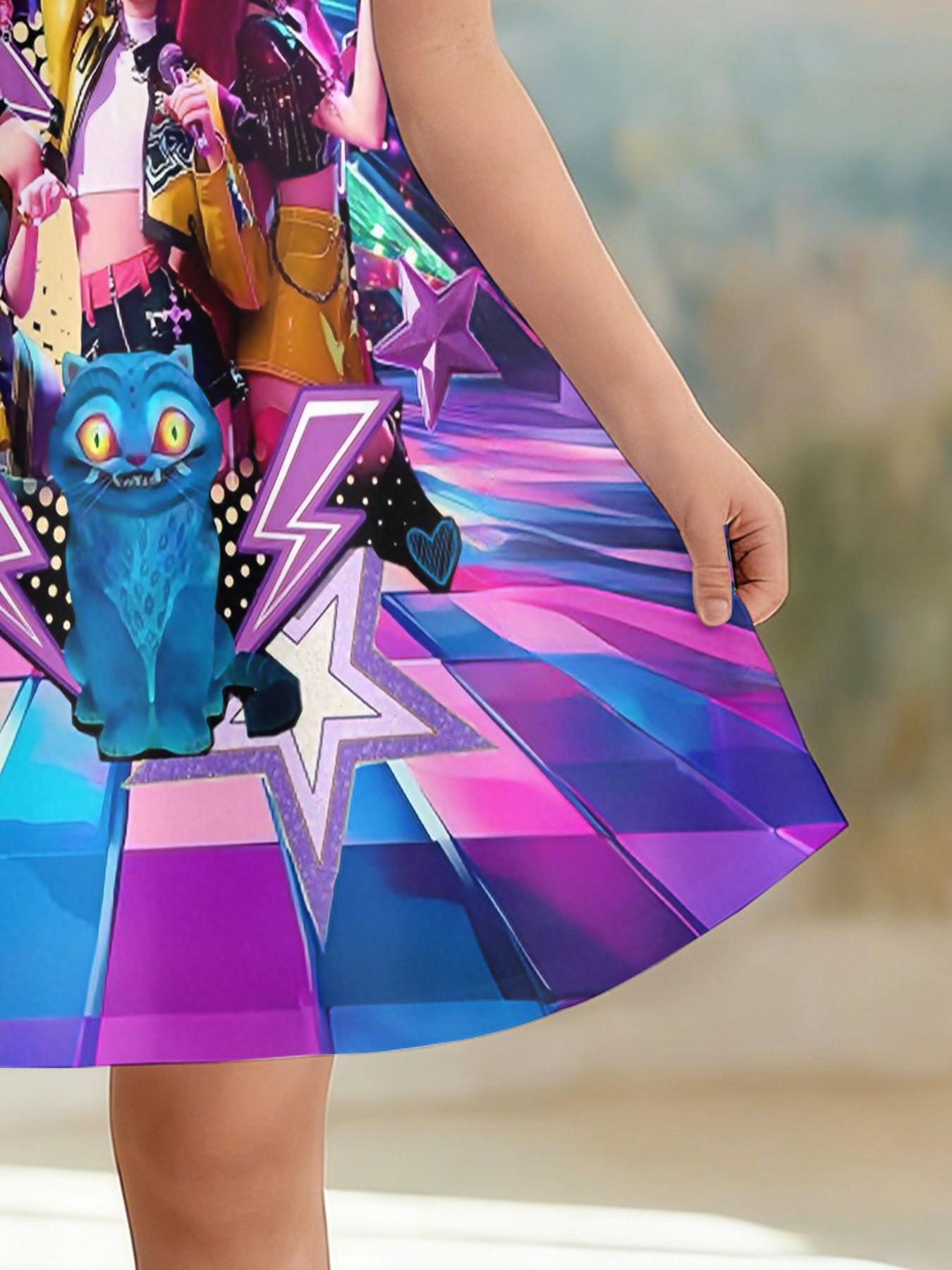 K-Pop Demon Hunters Disco Print A-Line Dress for Girls, Casual Short Sleeve Skirt, Fashion Outdoor Wear, Birthday and Holiday Gift