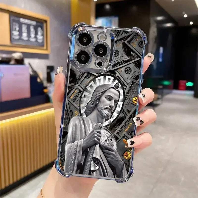 San Judas Tadeo Pattern Phone Case ,Electroplated Cover with Airbag Shockproof Soft TPU Cover for iPhone X 11 12 13 14 15 16 17 Pro Max Plus Air Money