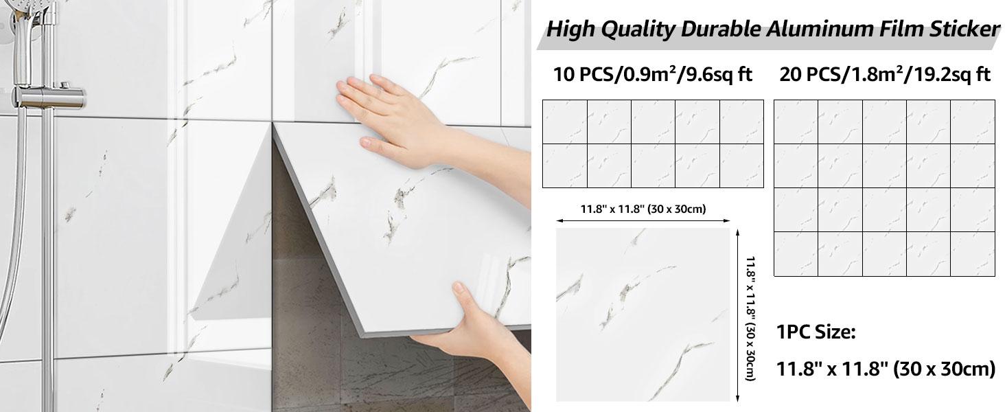 10pcs Peel and Stick Shower Waterproof Marble Tiles Wall Panels, 11.8"x11.8" Self-Adhesive Backsplash, for Home Bathroom, Kitchen, Living Room White (Not Real Tile)