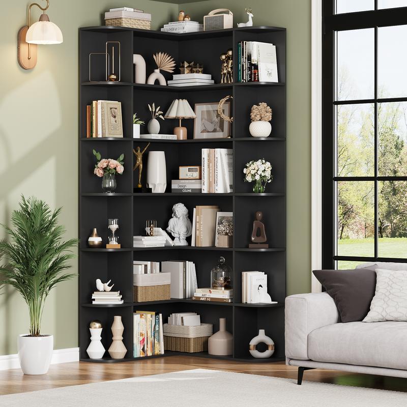 FOTOSOK 74'' Tall Corner Bookshelf, 6-Tier Bookshelf and Bookcase with Open Storage, L Shaped Tall Bookcases Wooden Storage Shelves for Home Office