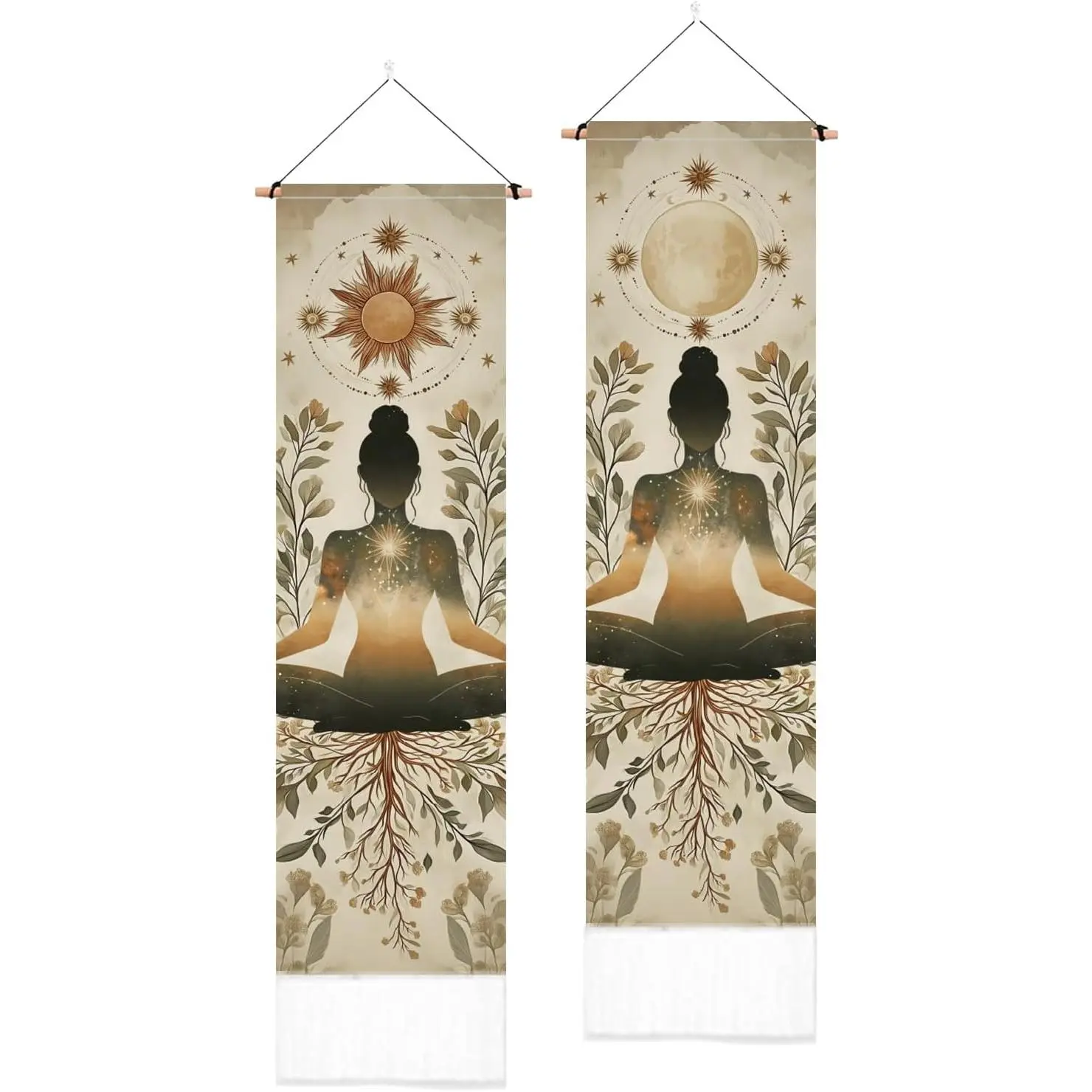 PLIGREAT 2 Pack Feminine Meditation Wall Tapestry, Sun Moon Long Vertical Tapestry Aesthetic Wall Hanging with Tassels for Bedroom Living Room Bathroom Home Yoga Studio Art Decor