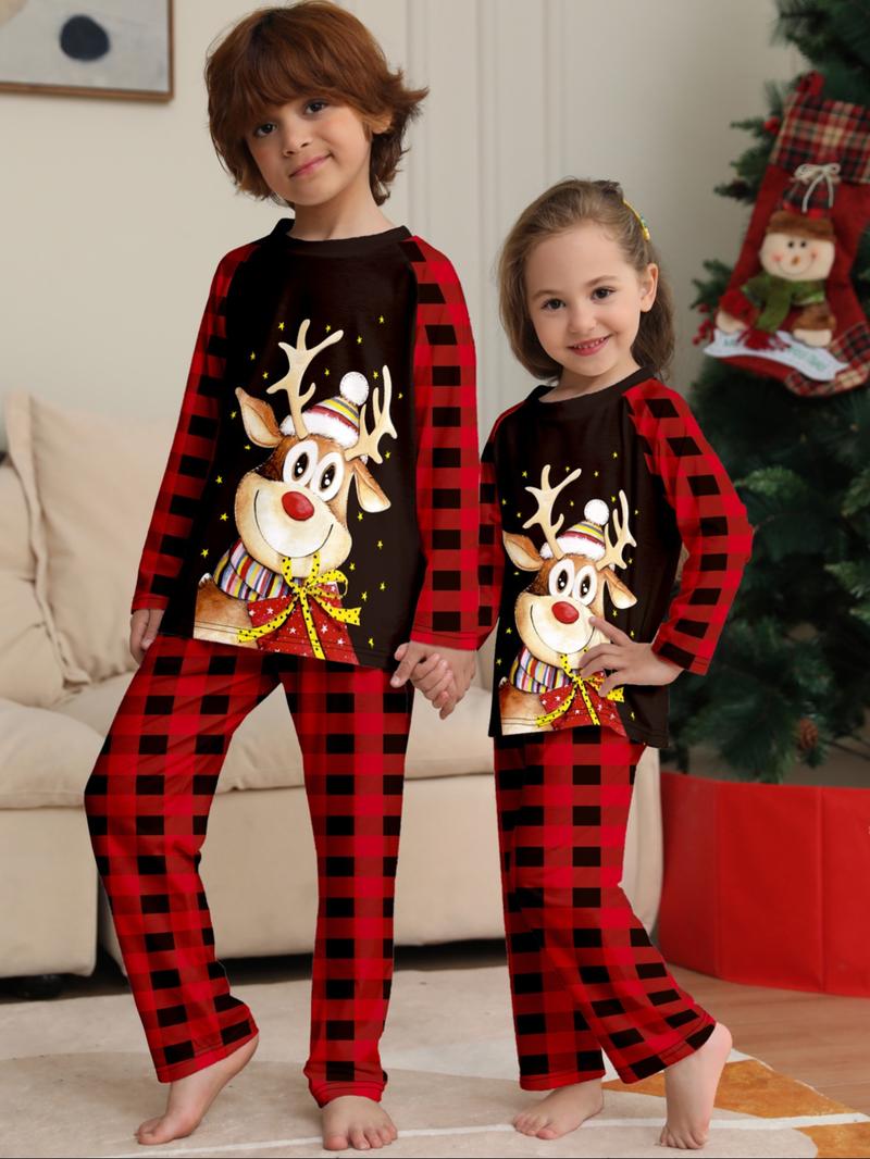 Plaid Shoulder Pad Sleeves 'cute Reindeer' Parent-Child Pajama Set, Family Matching Color Block Pattern, Festive Christmas Wear