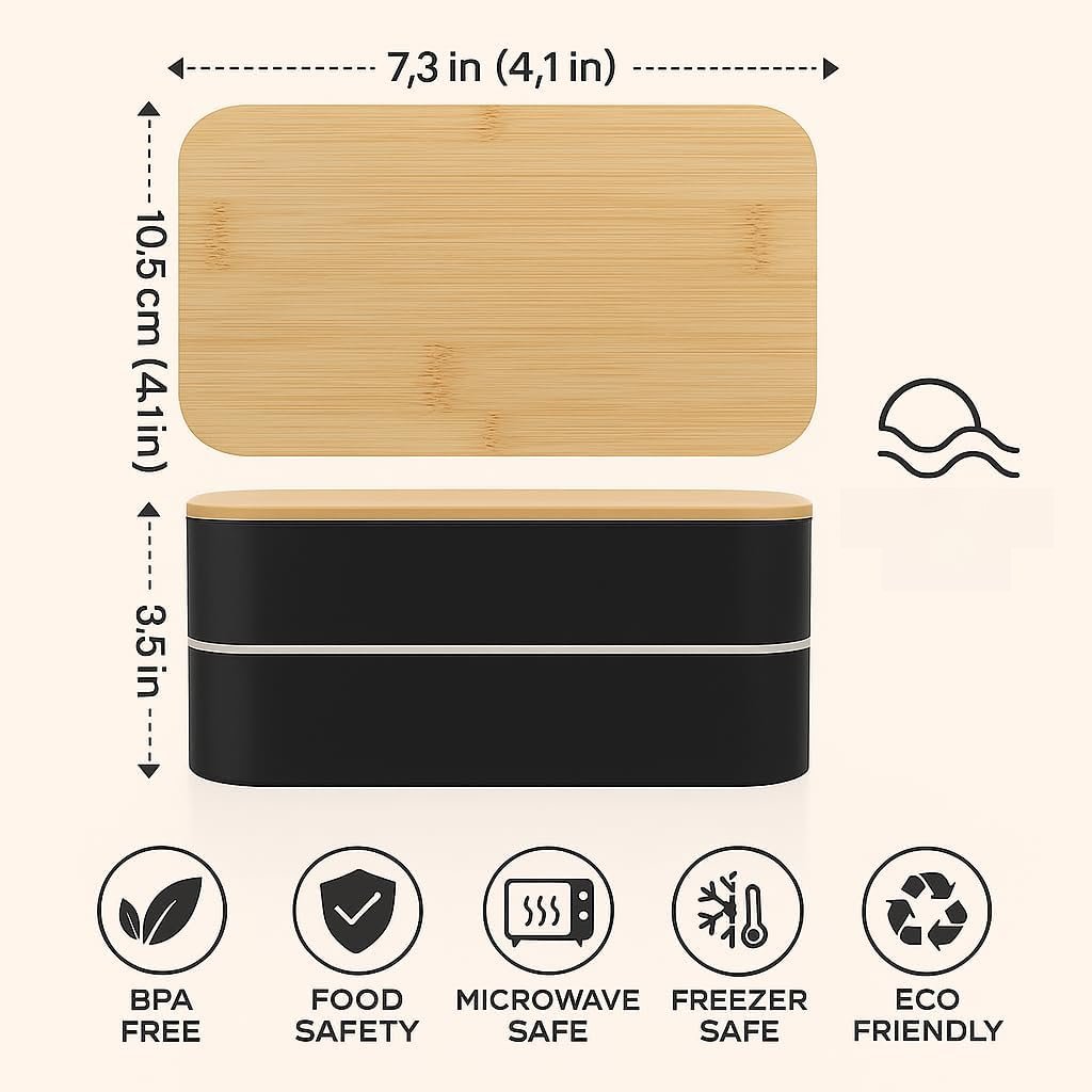 Bento Box Set for Adults - Dual Tier Lunch Box with  Lid, Utensils & Insulated Bag,  Meal Prep Container for Work, Travel & Portion Control (Black)