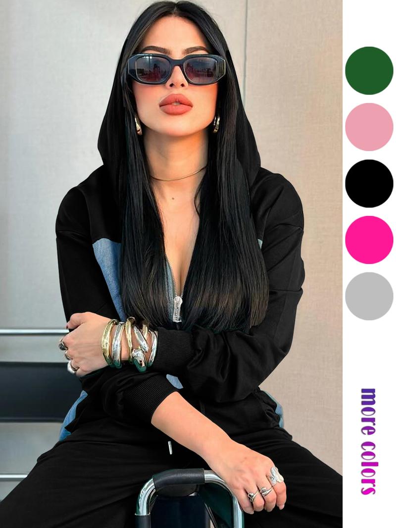 Personalized Patchwork Hoodie Set, Long Sleeve Short Top Set, Casual Party, Travel Pants Set, Fashionable Streetwear