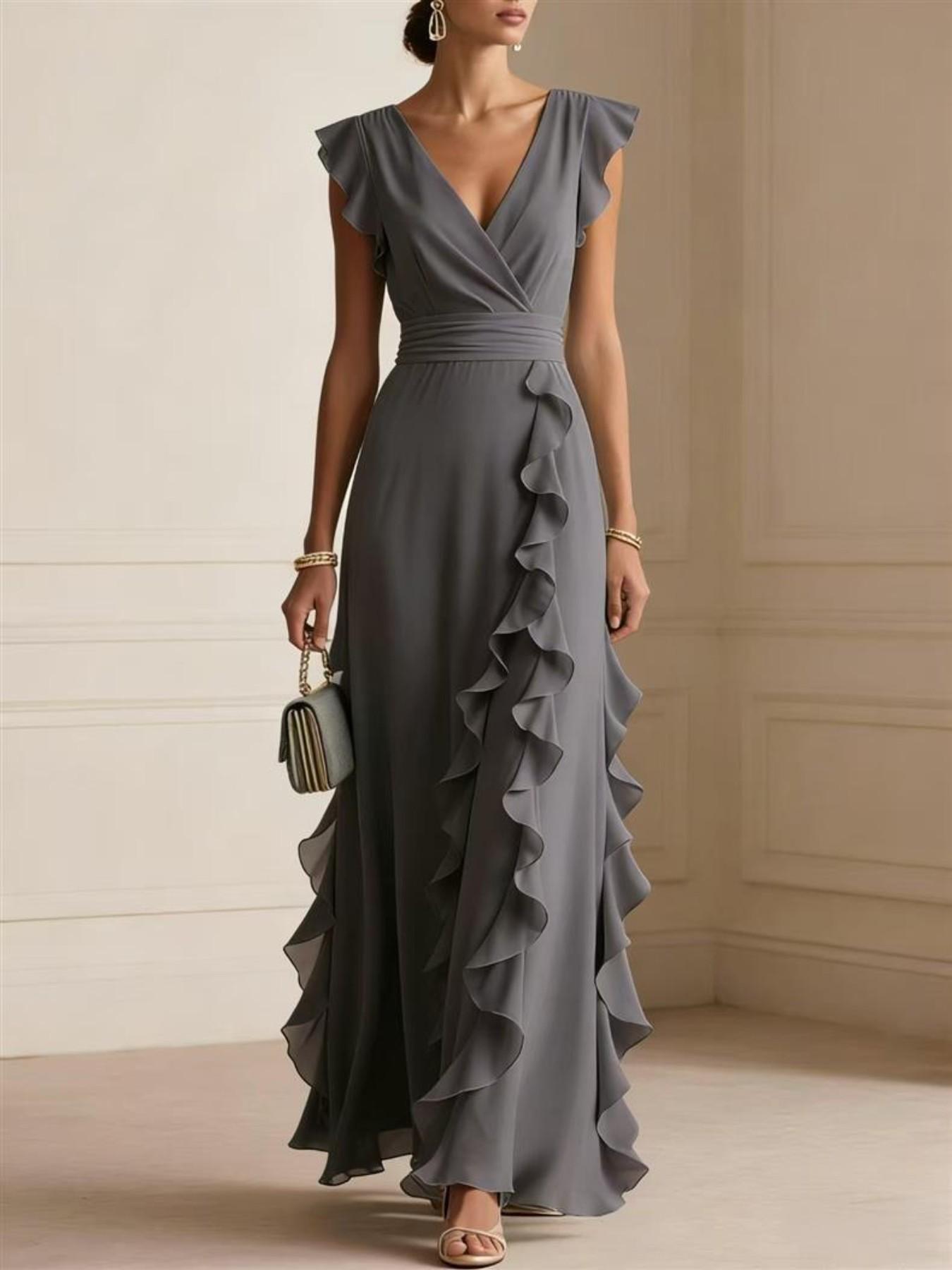 【XX72 Exclusive】Women’s Elegant Maxi Dress, V Neck Ruffle Dress, Flutter Sleeve Wrap, Formal Long Dress, Wedding Guest Evening Party Gown
