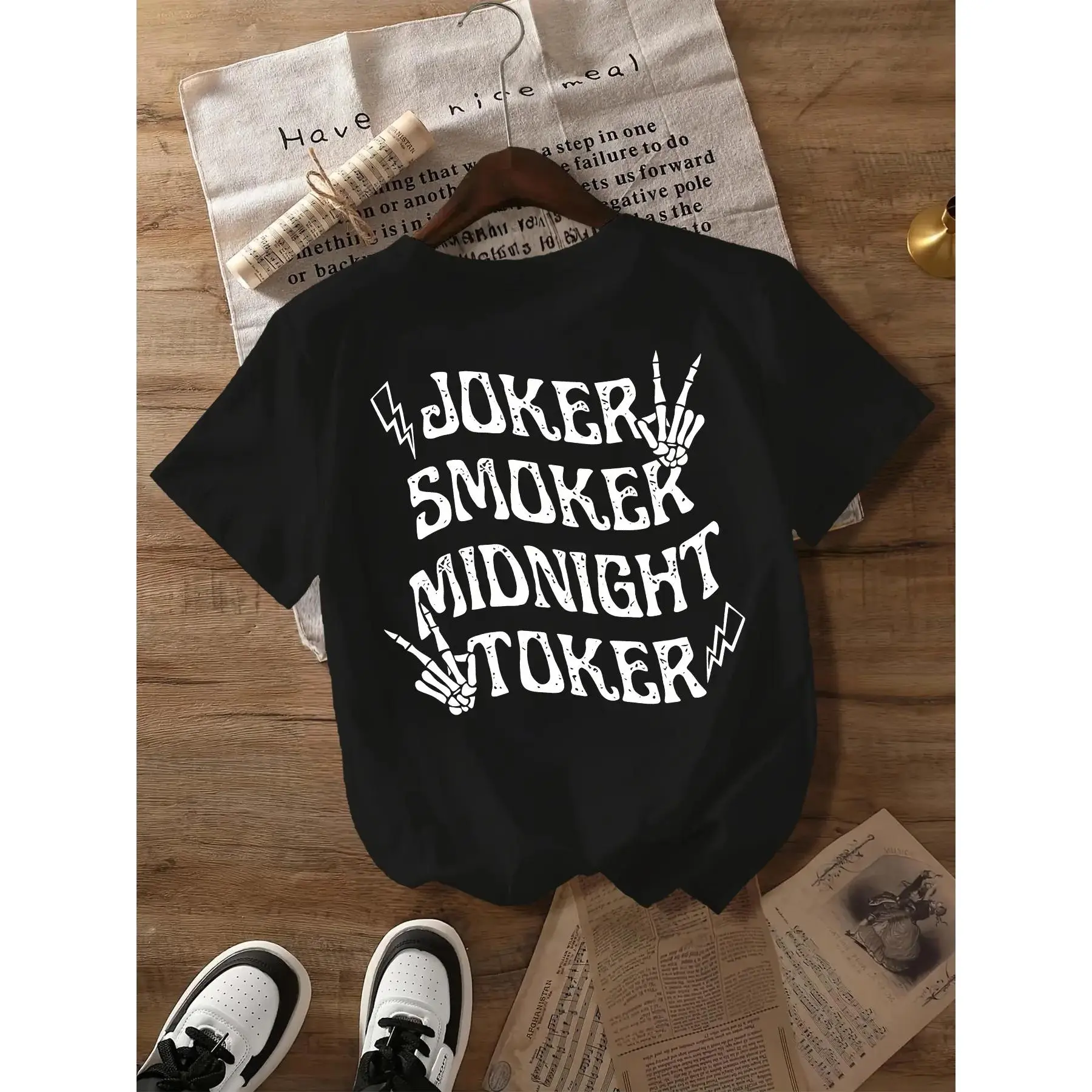 Women's Casual Short-Sleeve Cotton T-Shirt Top - Rock Style "JOKER SMOKER MIDNIGHT TOKER" Print, Breathable Round Neck, Machine Washable, Bold Dark Color, All-Season Outdoor Fit Women's Clothes, Shortsleeve, Tshirt, Shirts For Women