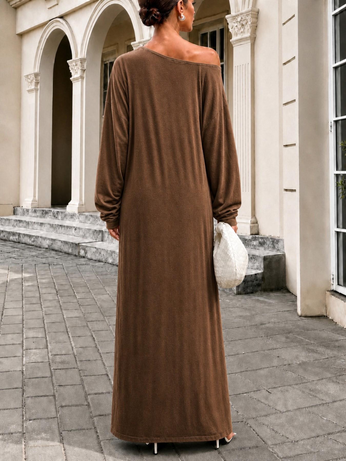 Women's New Loose Long Sleeve Asymmetrical Neckline Dress, Elegant Solid Color Casual Street Style, Minimalist Fall Fashion Long Dress