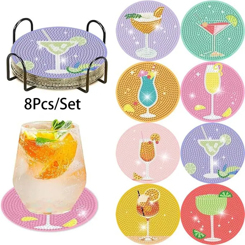 8-Piece Diamond Painted Coaster Set, Glittering Water Drill Heat-Resistant Drink Mats with Stand, DIY Craft Supplies for Beginners, Diamond Painting Coasters