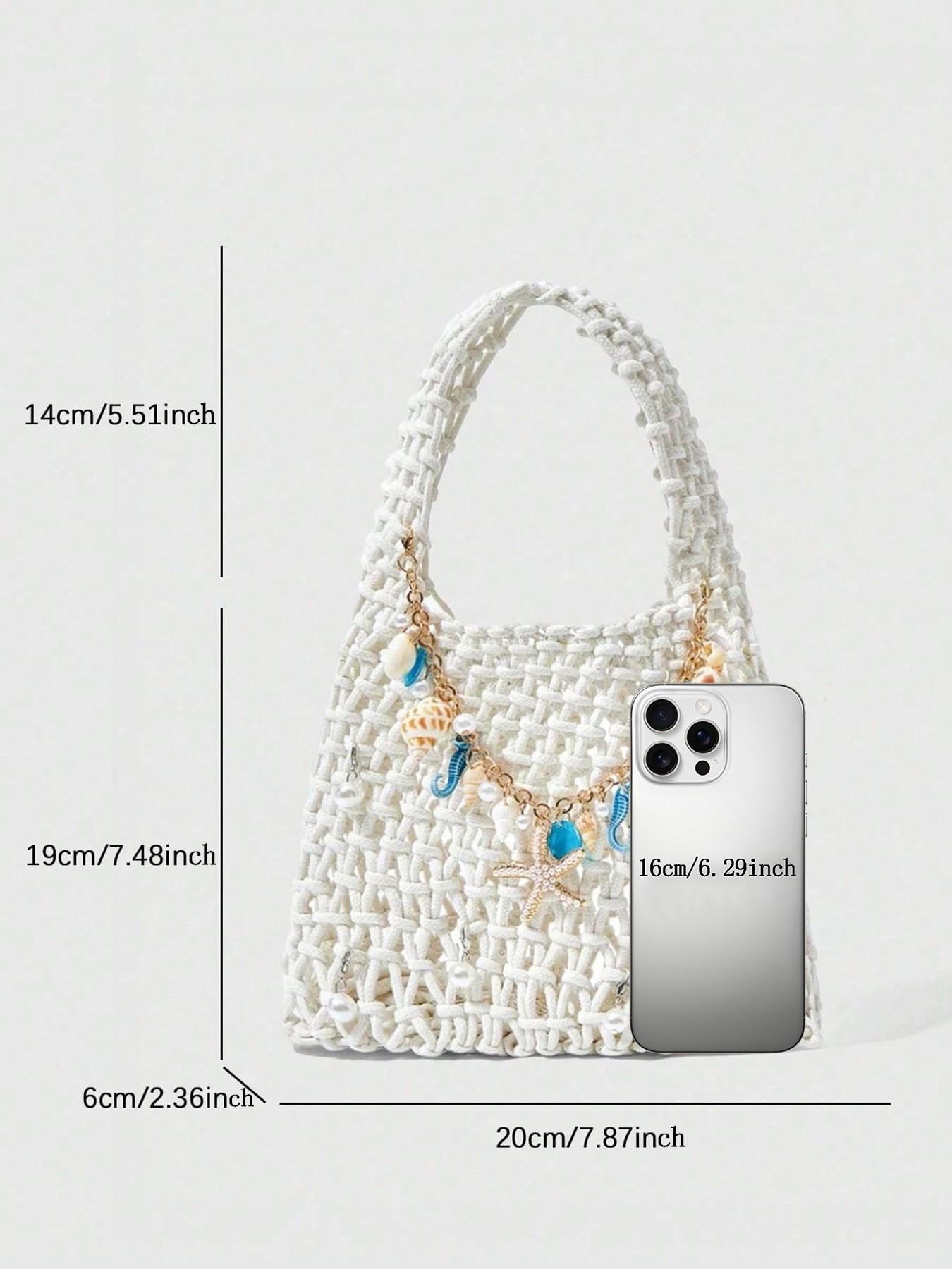 Fresh and artistic style practical texture woven handbag, embellished with starfish, seahorse, shell, pearl, chain, woven long shoulder strap, beige background, suitable for date/vacation dressing scenes