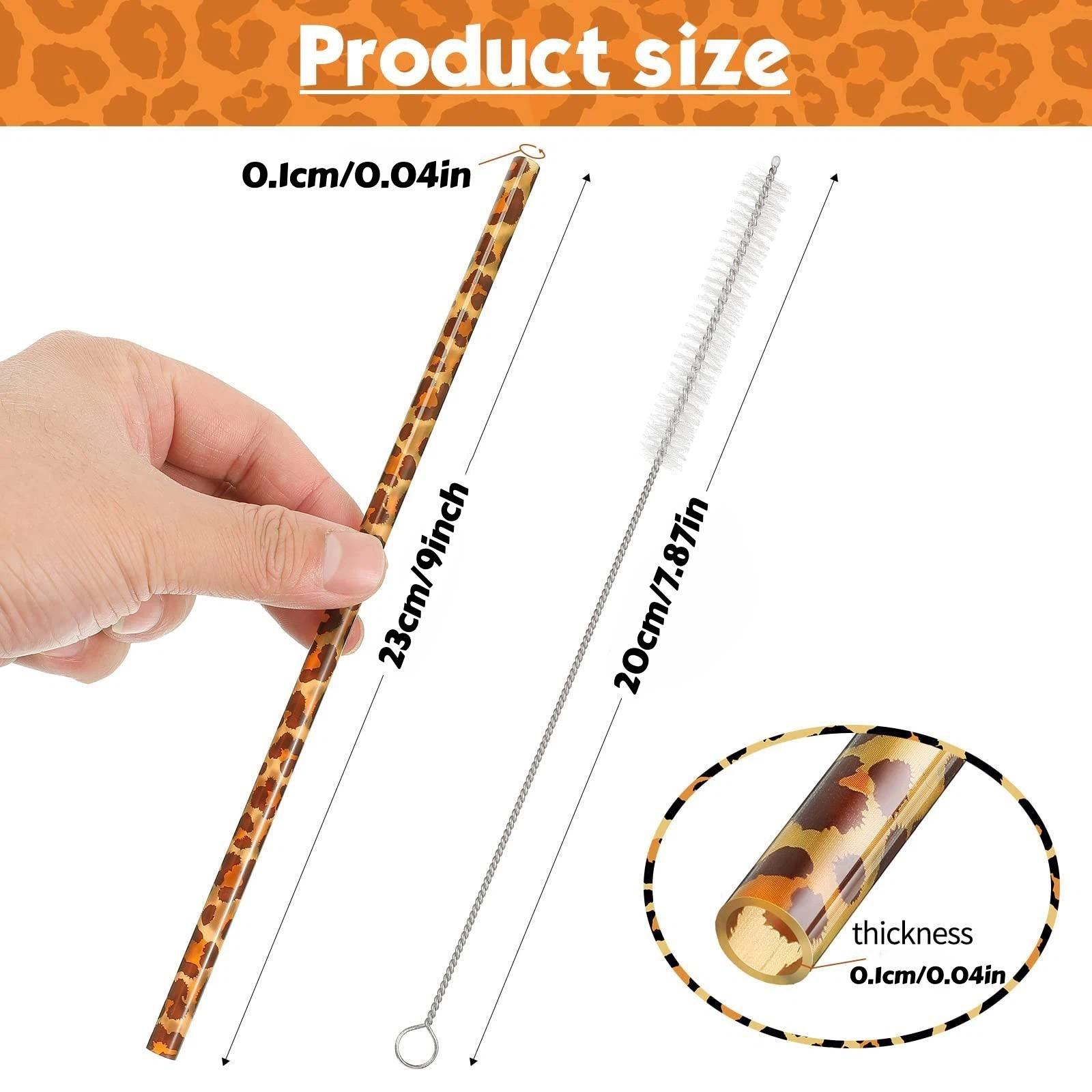 10/20PCS(with 1/2 brushes) Reusable Leopard Print PP Drinking Straws Set, Straw Combo, 9 Inch Straws with Cleaning Brush, Durable Easy to Clean Smooth Edge Straws for Iced Coffee Juice Smoothies Party Home Daily Use, Home Bar Accessories