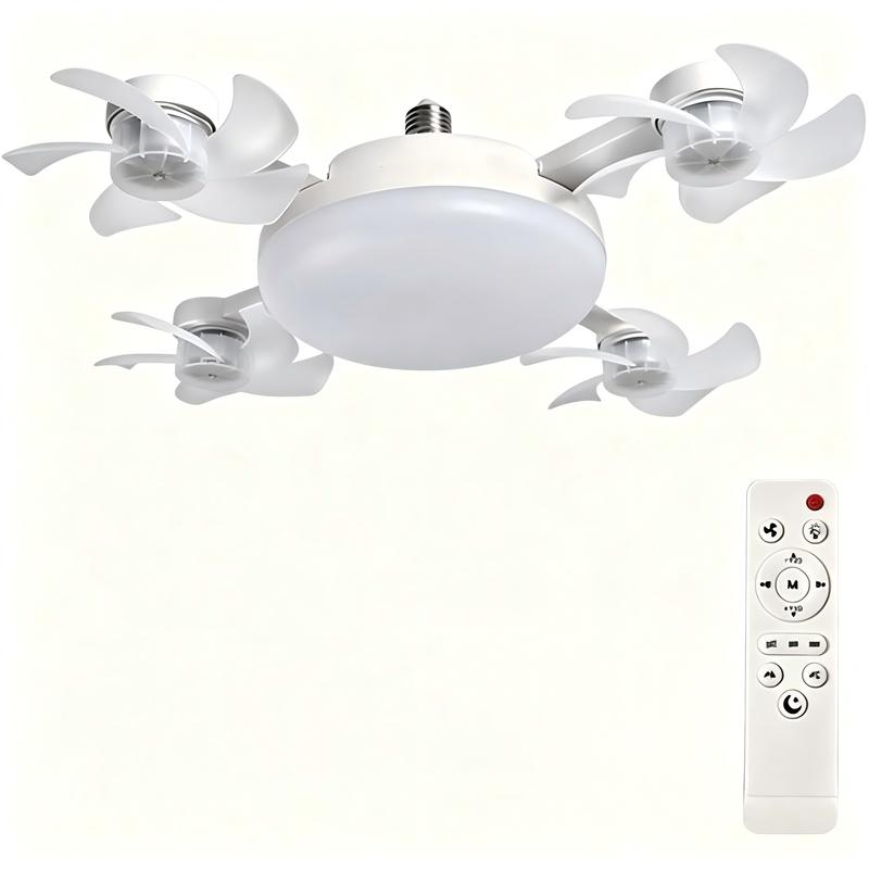 E27 Socket Ceiling Fan Light 2 in 1 Silent LED Fan with Remote Control, E27 Screw in Ceiling Fan in Light Socket, 3 Color and 3-Speeds Adjustable, Easy Install for Home (4-Heads)