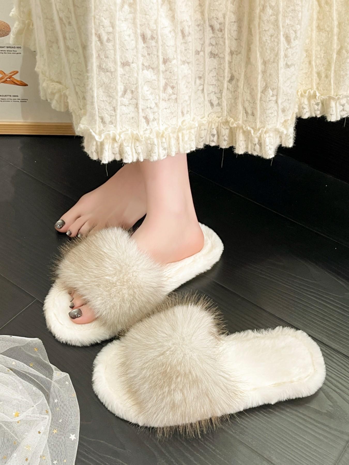 Pure Color Plush Slippers, Comfortable Soft Shoes for Women and Girls, Fashion Trendy Design, Open-Toe Wedding Shoes