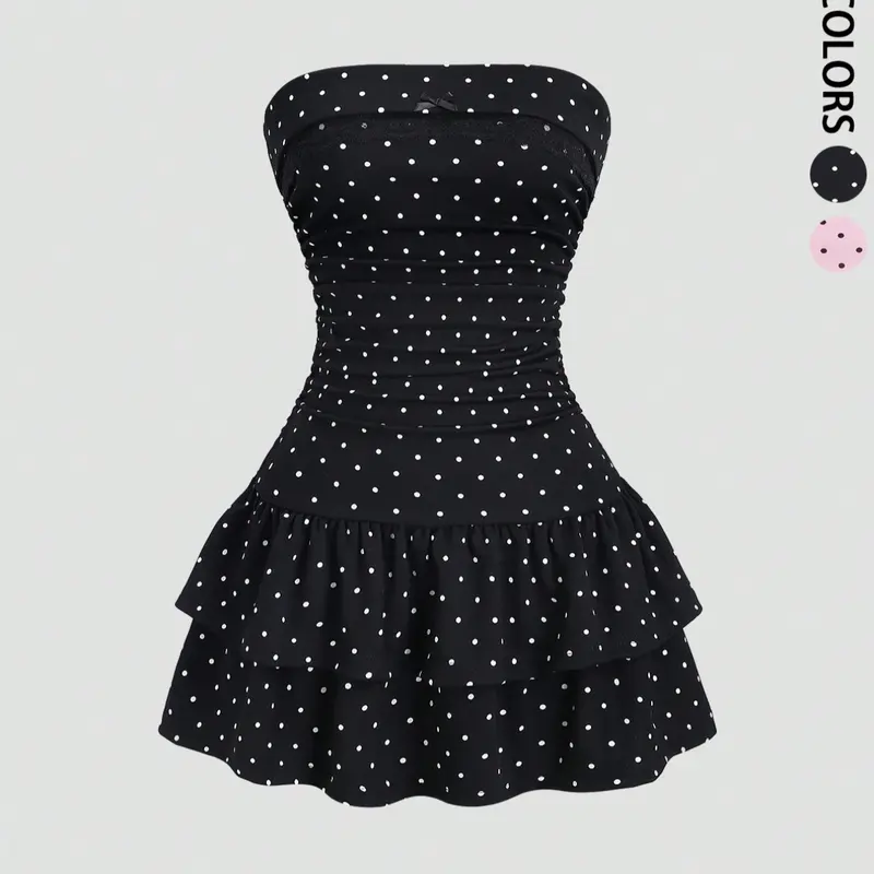 Y2K Vintage Strapless Polka Dot Party Mini Dress, Waist Cinching Tube Dress, Cute Multi-Layer Ruffle Hem, Casual Womenswear for Date, Style, Casual Date Night