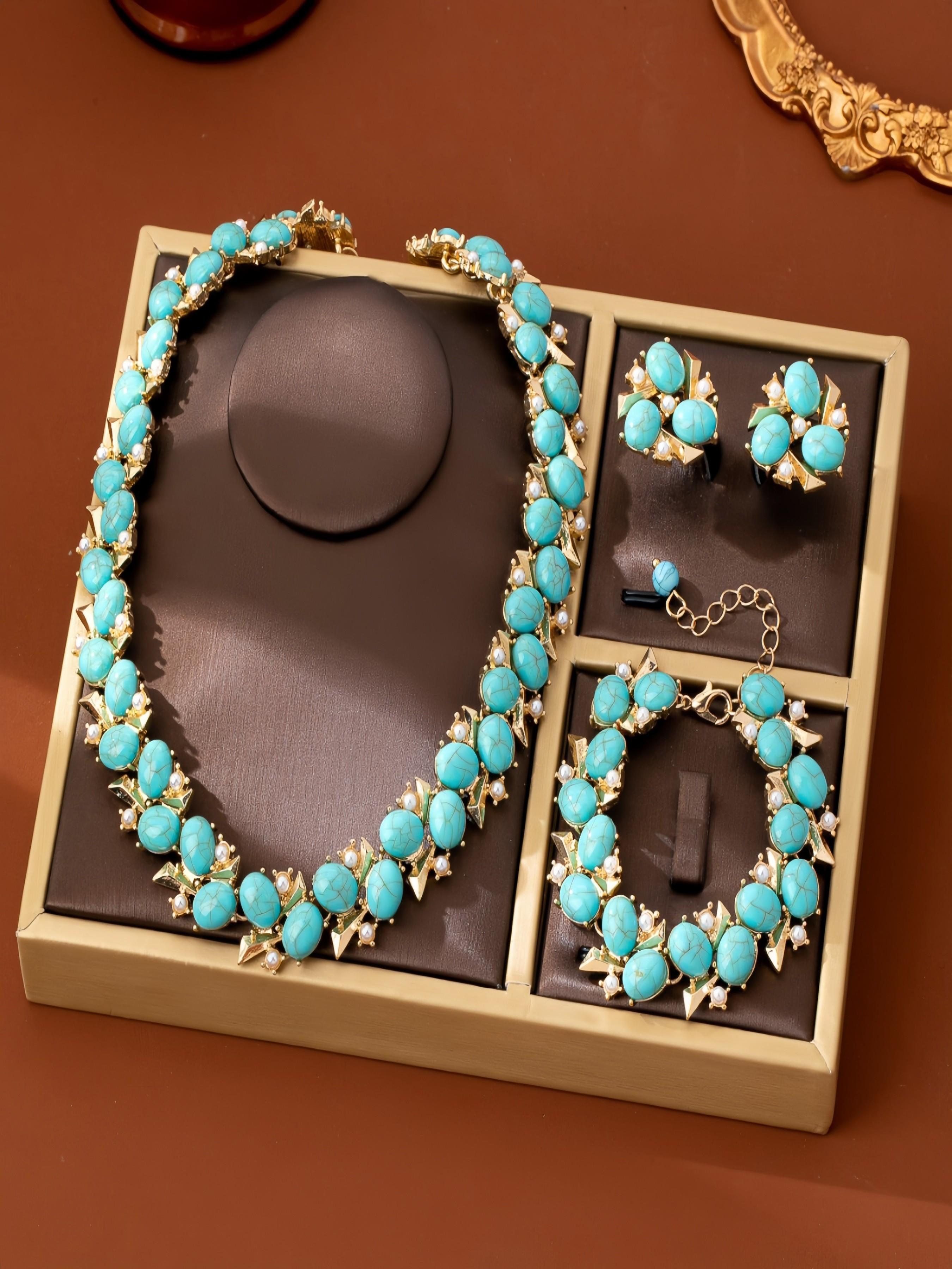 Vintage Gold Tone Turquoise Statement Jewelry Set, 3-Piece Necklace Earrings Bracelet, Luxury Turquoise Gemstone Jewelry for Women, Party Prom Wedding Accessory Gift