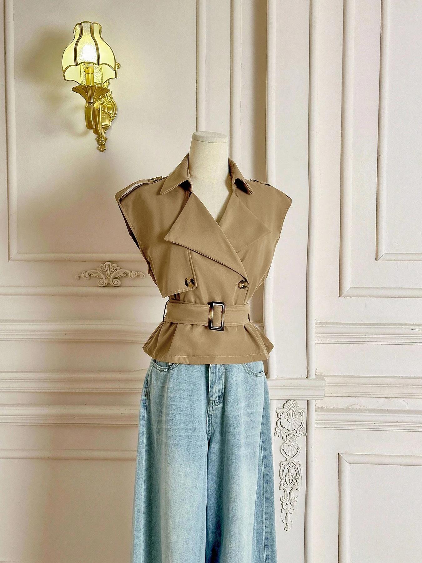 Women's High-End Vest Jacket, V Neck Dual Button Design, Waist Cinching Slimming Fit Fashion, Versatile Stylish Top, Spring, Womenswear