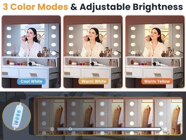 Sikaic LED Makeup Vanity Dresser With Mirror And Charging Station & 5 Drawers Cabinet Storage Furniture Bedroom Aesthetic Modern