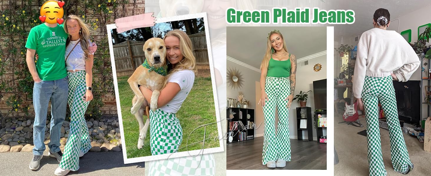 Odefou St. Patrick's Day Checkered Women’s Flare Jeans Spring Womeswear Stretchy Denim High Waist Plaid Bell Bottom Pants Football Game Outfit Slim Fit Retro Streetwear Y2K Party Casual Trouser Gifts for Wife