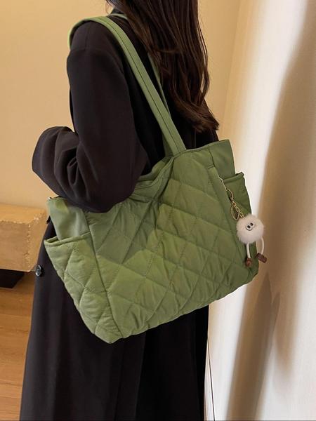 Women's Solid Quilted Soft Commuter Tote Bag, Fashionable Large Capacity Shoulder Bag for Daily Commute, Casual Trendy Versatile High-quality Daily Commuting Bag