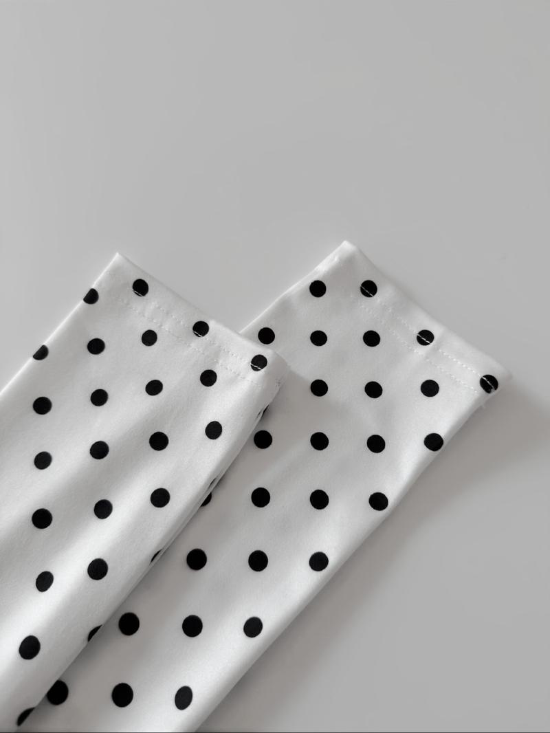 Women Polka Dot Top Long Sleeve Blouse Slim Fit Shirt Stretch Knit Top White Dot Print Top Retro Style Blouse Casual Daily Wear Minimalist Round Neck Tee Soft Cotton Top Elegant Office Wear Classic Dot Pattern Fitted Long Sleeve Top Womenswear