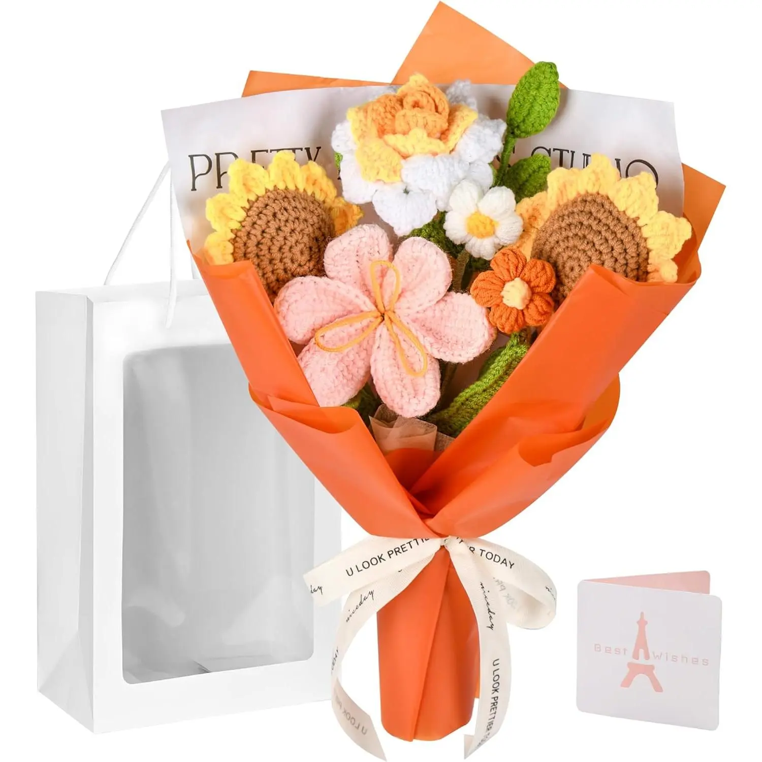 Crochet Flower Bouquet, Orange Crochet Flowers for Mother's Day, Crochet Sunflowers Tulips Roses Bouquet for Valentines Day, Weddings Birthdays Home Decor Graduation Gift for Women Moms Wife Friends