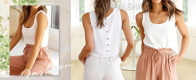 IDEALSANXUN Womens Square Neck Linen Crop Tank Top - Y2K Ruched Wide Strap Flowy Blouse, Casual Chic Loose Fit for Spring Summer Beach Vacation