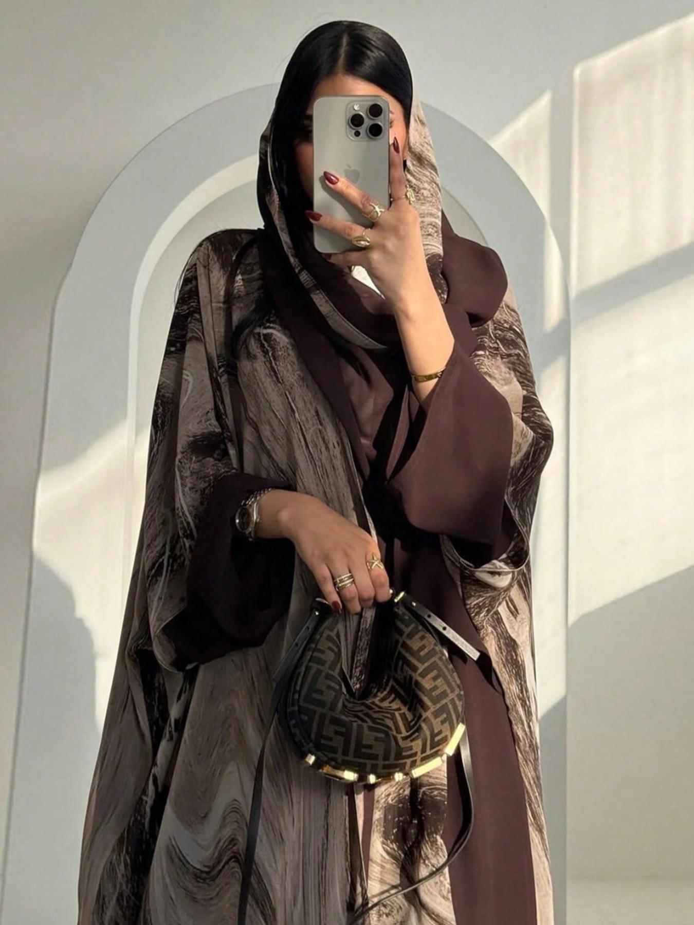 Hafizah Ink Texture Print Long Relaxed Fit Cardigan Scarf Set, Loose-Fitting Outerwear for Women, All-Seasons Plain Pattern, Comfortable Casual Style