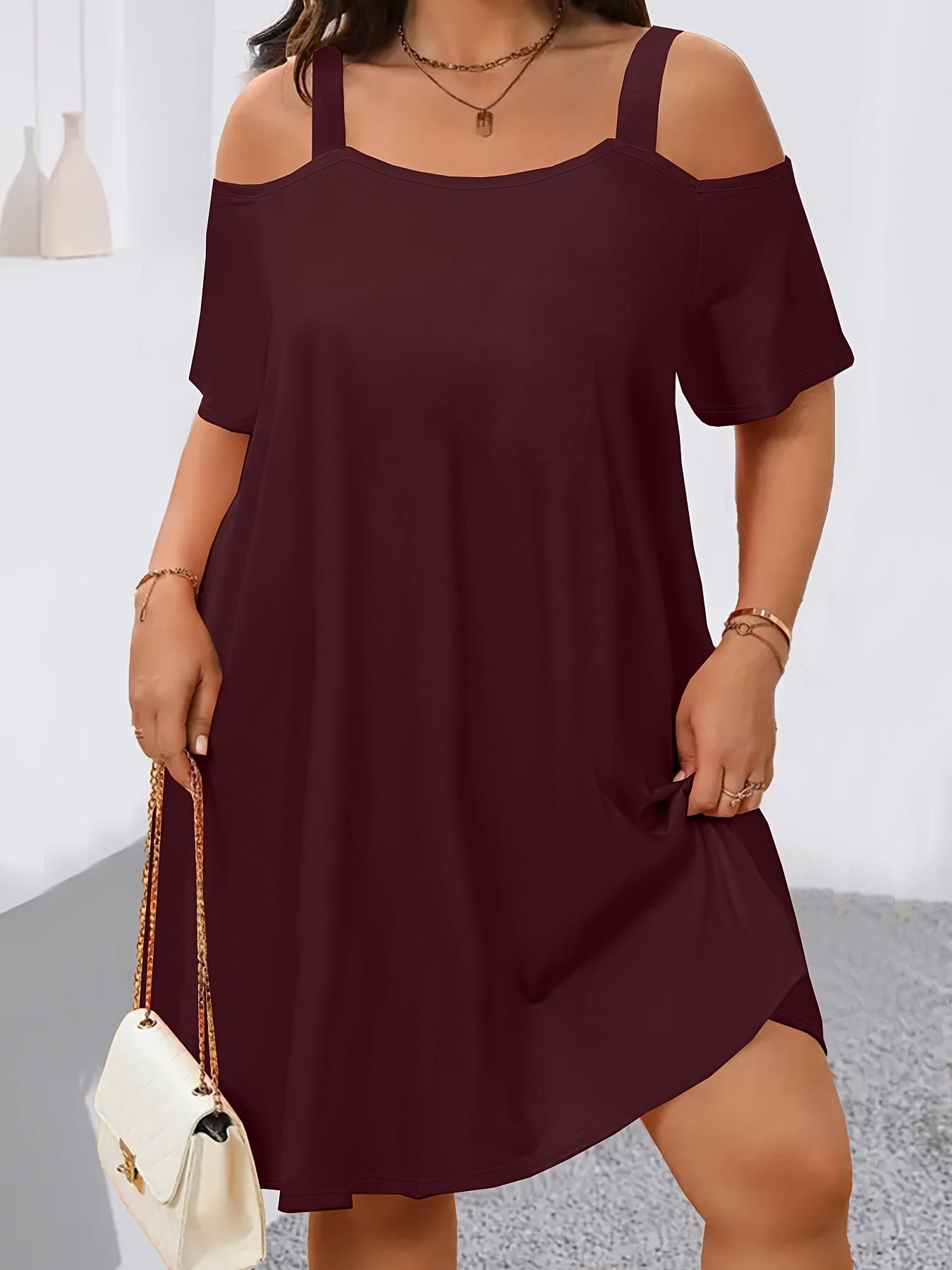 Plus Size Women's off Shoulder Strapless Dress, Loose Fit Slimming Short Sleeve T-Shirt Dress, 8 Colors Available, Casual Everyday Wear, Womenswear Plus Size Women's off Shoulder Strapless Dress, Loose Fit Slimming Short Sleeve T-Shirt Dress, 8 Colors Available, Casual Everyday Wear, Womenswear