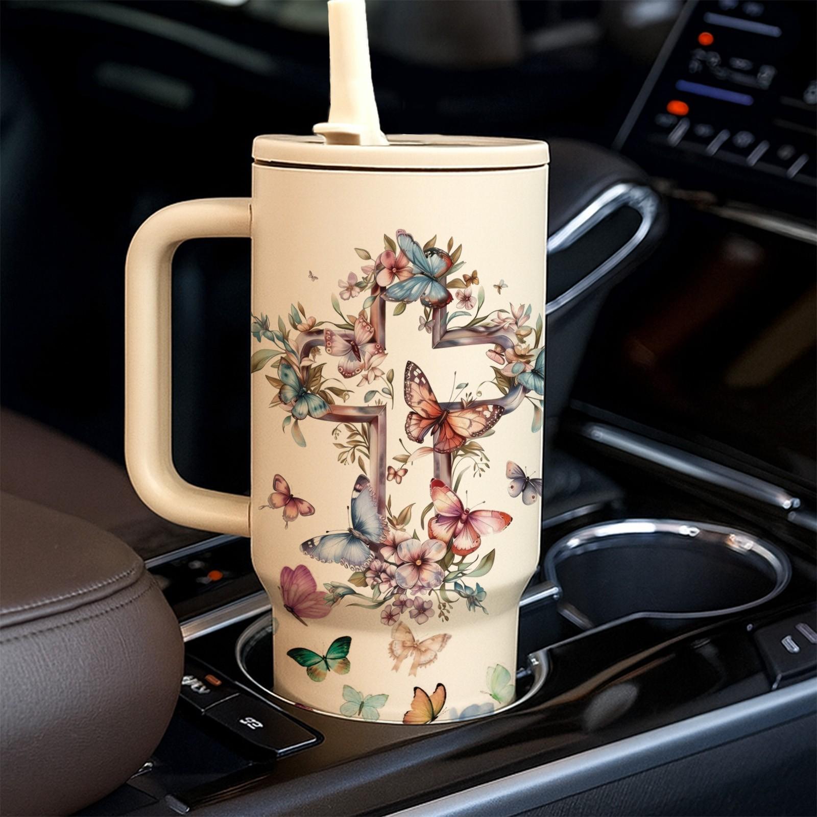 1 Pc 40oz insulated mug Tumbler, Christian Bible verse floral cross butterfly design, double wall vacuum insulated, leak proof lid with handle, keeps hot 12 hours and cold 24 hours, for hot cold drinks, office travel gym, faith gift for women men, holiday