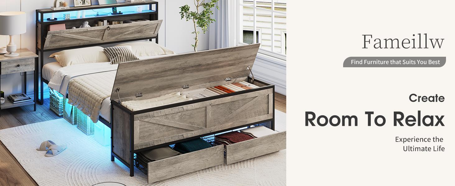 Vabches NO MATTRESS Bed Frame with Storage Ottoman and 2 Drawers, Farmhouse Metal Platform Bed with Headboard, LED Lights and Charging Station, No Box Spring Needed, Noise Free