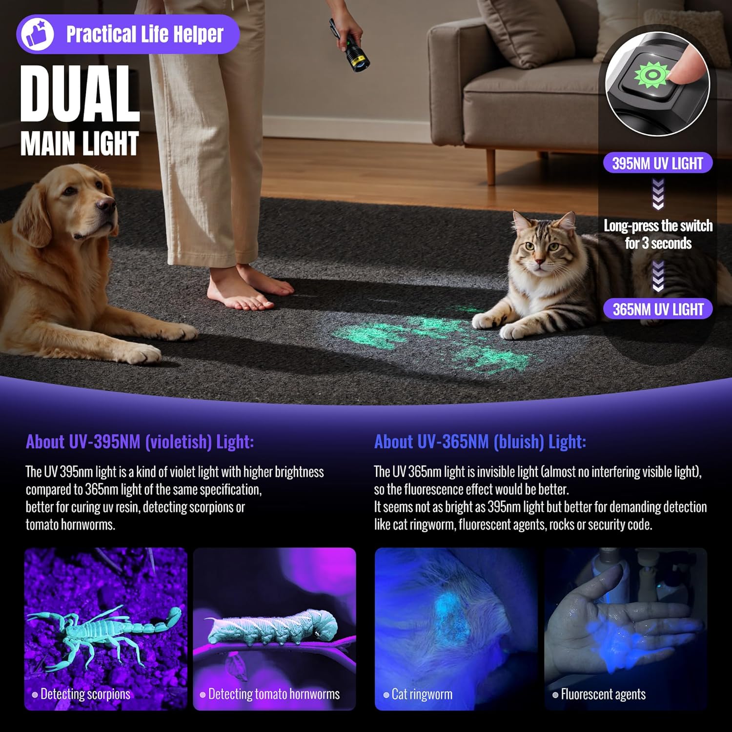 UV Flashlight 365nm & 395nm Dual Black Light,  USB Rechargeable Ultraviolet LED Blacklight Woods Lamp, Focusable Portable Detector for Pet  Stains, Uranium Glass,  Curing(2 Pack