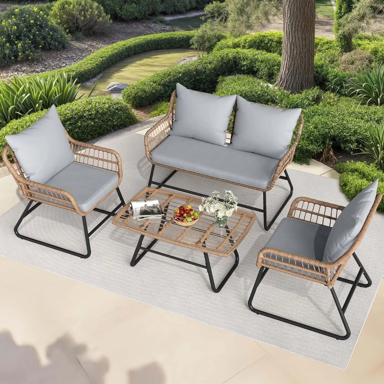 GARVEE Modern Comfort – 4-Piece Patio Bistro Sofa Set – Grey Straight-Leg – Washable Cushions & Tempered Glass Table – For Garden, Balcony, Porch, Poolside – Four-piece set straight-leg gray