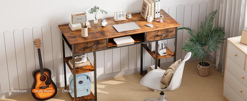 Computer Desk with 2/3 Drawers 32/48 Inch Small Home Office Bedroom Writing Study PC Tabke with Storage Space Fabric Side Bag Headphone Hook Metal Frame Adjustable Feet Modern Simple Style