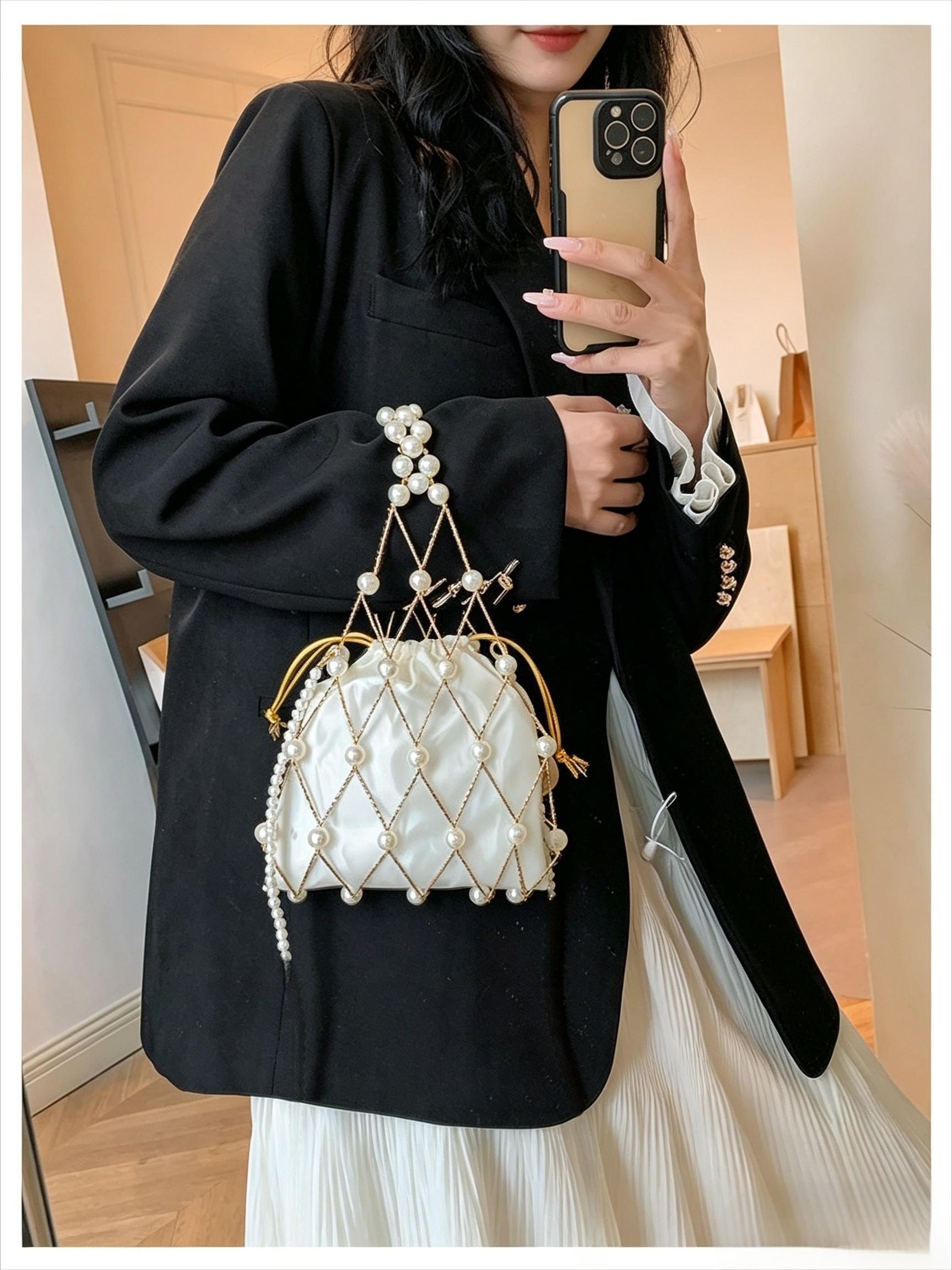 Pearly Net Pouch Bag for Mobile Phones, Unique Luxury Design, Soft Style Women's Essential Bag, Perfect for Parties and Dates, Christmas Atmosphere Enhancer, Fashionable Unique Bags