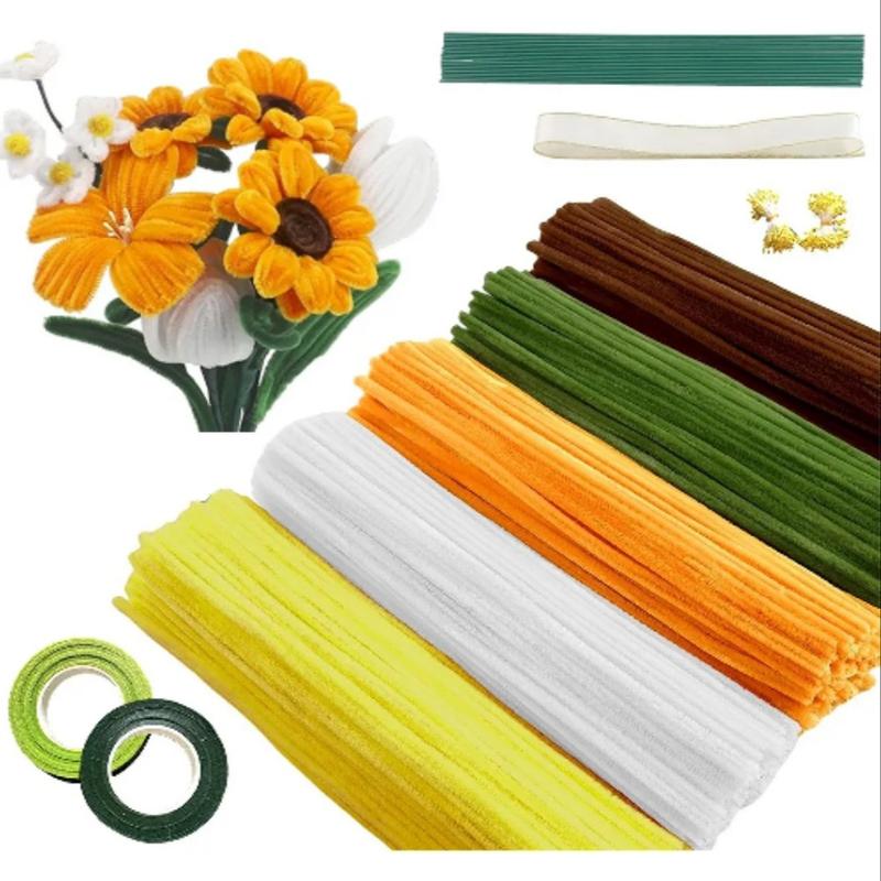 DIY Craft Kit, 400 Pieces Pipe Cleaners, 4 Colors, Chenille Stems, Floral Making Supplies, Includes String, Tape, Buds & Ribbons