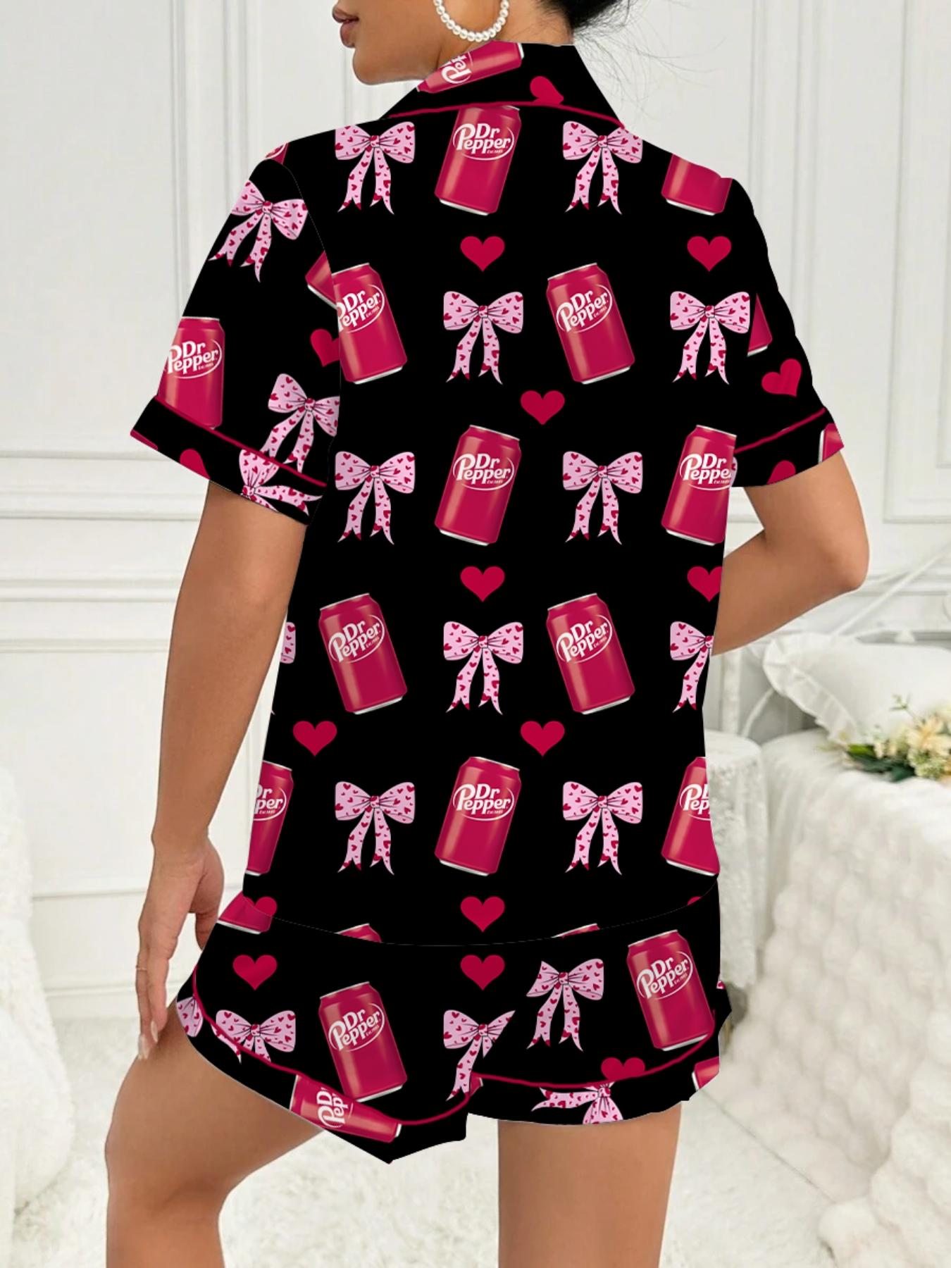 Women's Comfortable Cute Elastic Sleepwear Set, Spring Bow Tie Shirt and Pants Two-Piece, Short Sleeve Shorts, Party Wear