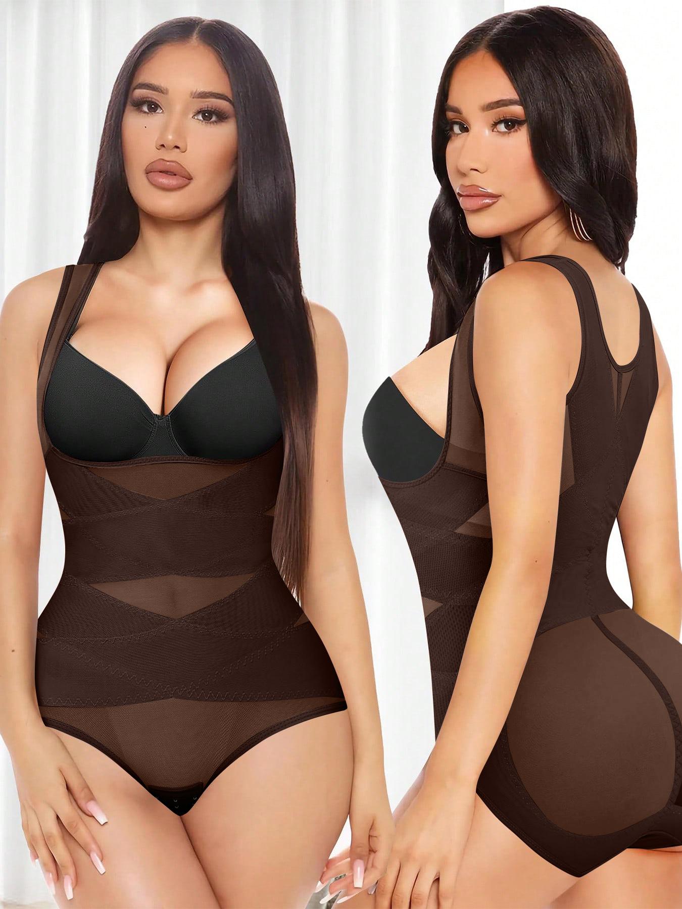 Women's High Elastic Breathable Mesh Cross Waist Shapewear, Lightweight Belly Control Corset, Classic Round Neck Chest Support One-Piece